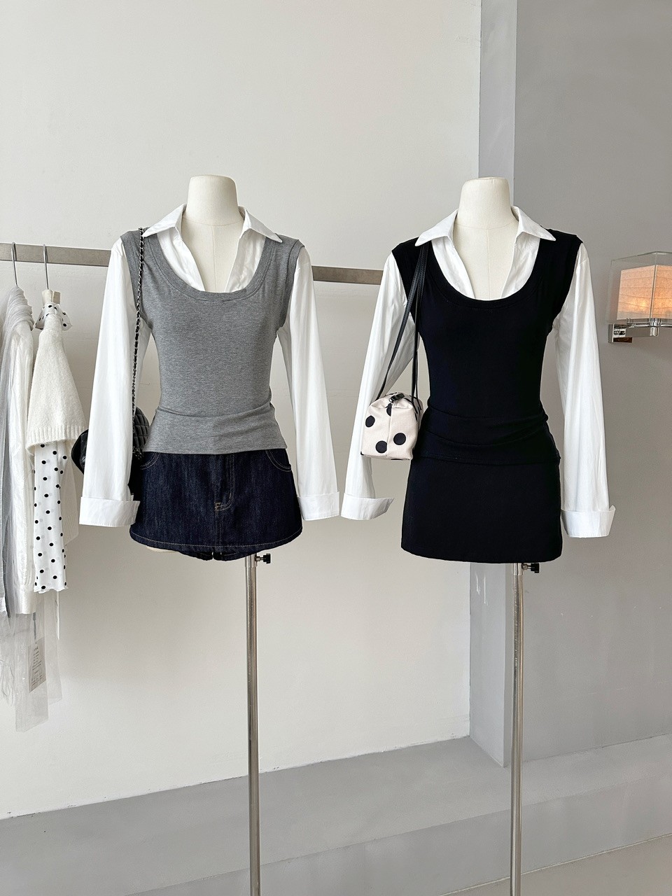 คอวีเย็บปลอมสองชิ้นแคบ-เอวสลิมฟิตเสื้อยืดแขนยาว 104640