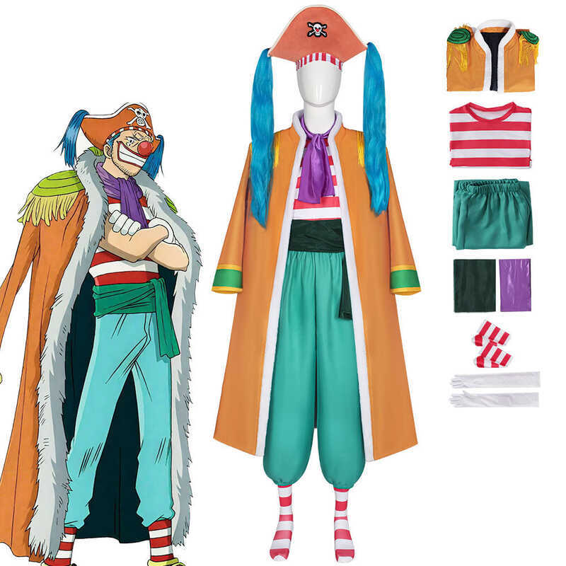 W Buggy The Clown Cosplay Full Outfit, Orange Cape, Striped Top, Green Pants, Pirate Hat, Anime Cos