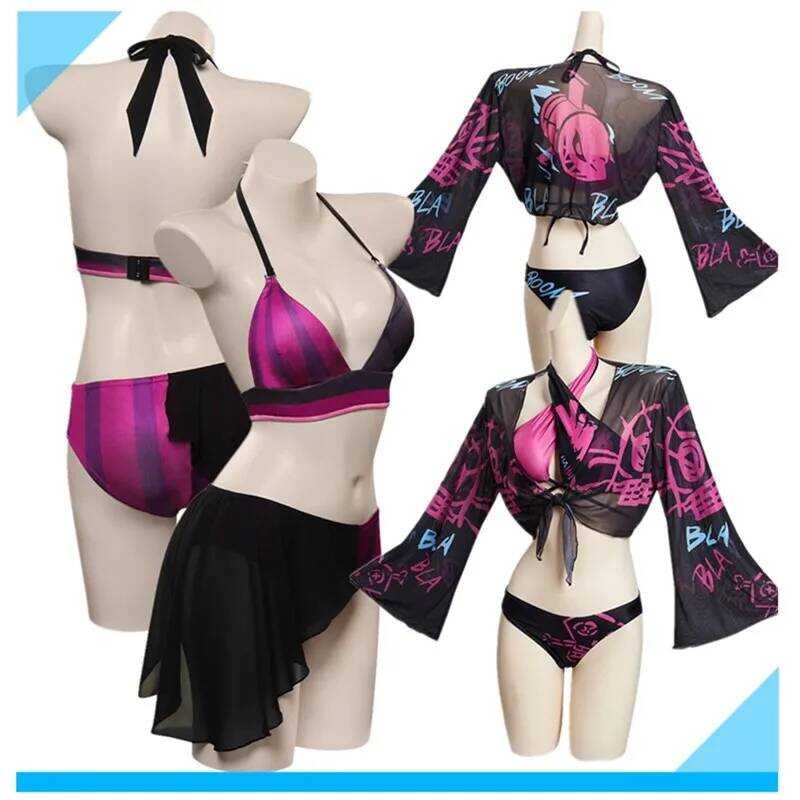 C Arcane Jinx Cosplay Lol Costume Adult Women Disguise Swimsuit Cloak Swimwear Outfits Halloween Ca