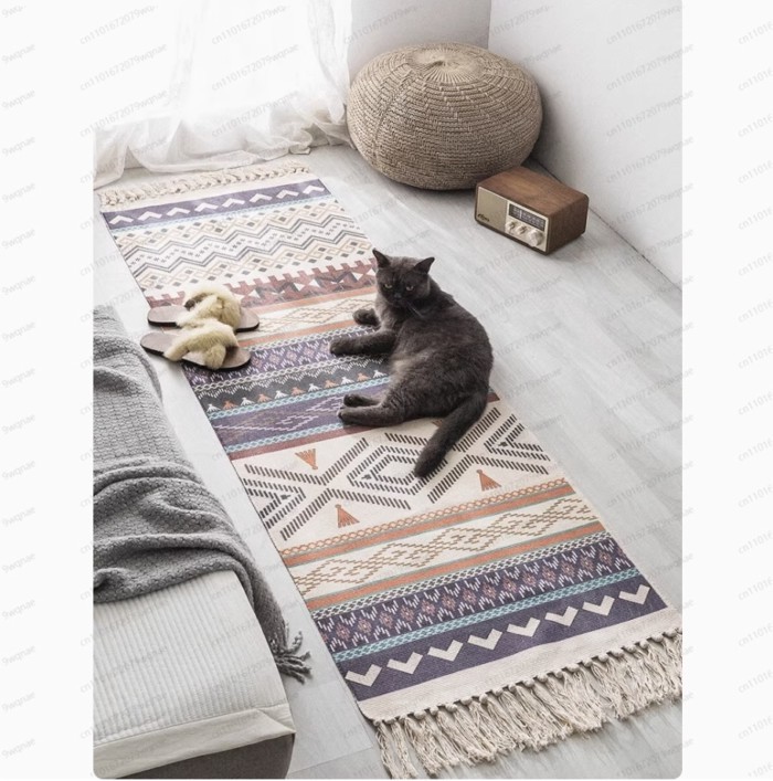 Retro bohemian hand tassel woven cotton linen carpet, geometric floor mat long rug for bedside, bed