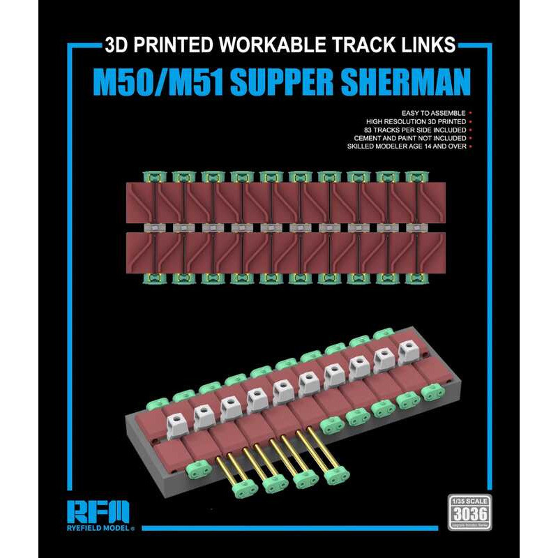 Rye Field Model RFM RM-3036 M50/M51 SUPER SHERMAN 3D Printed Workable Track Links 1/35 Detail set