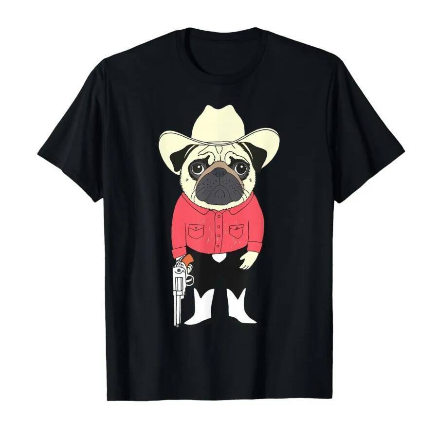 Cowboy Pug Dog Funny Western Outfit Red Pug Cowboy Meme T-shirt For Men Women 100% Cotton T Shirts S