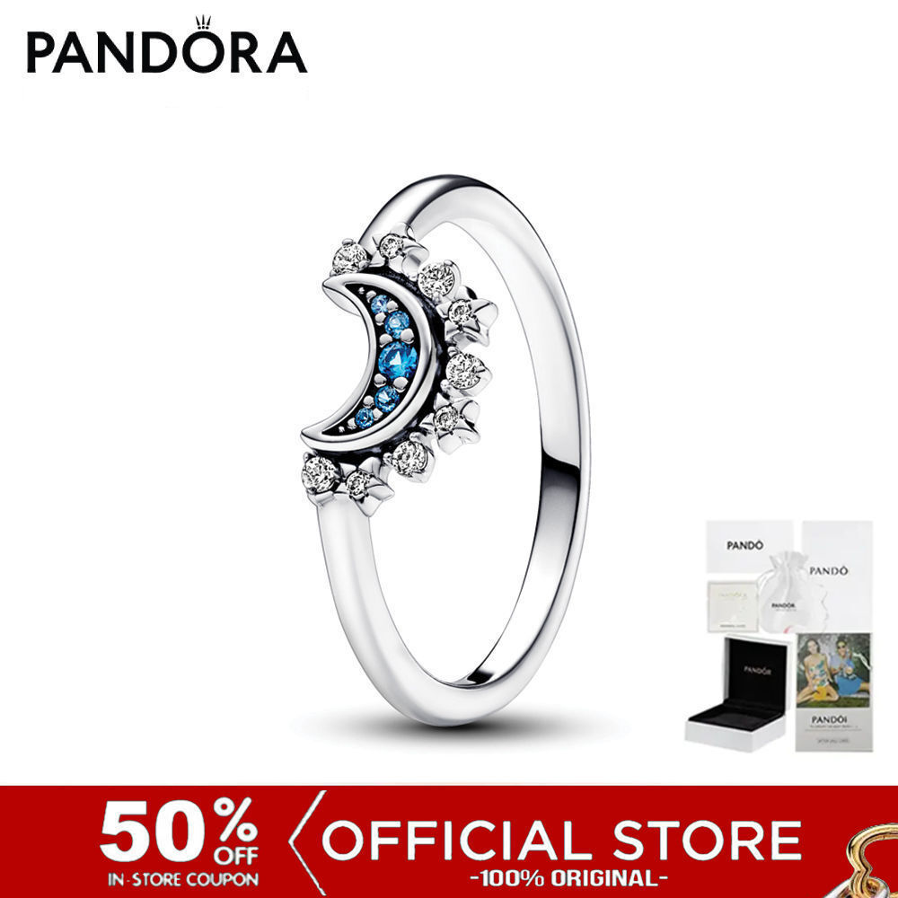 (ของแท้100%) Pandora Celestial Moon Sterling Silver Ring With Night Blue Crystal And Clear Cubic Zirconia เครื่องประดับ