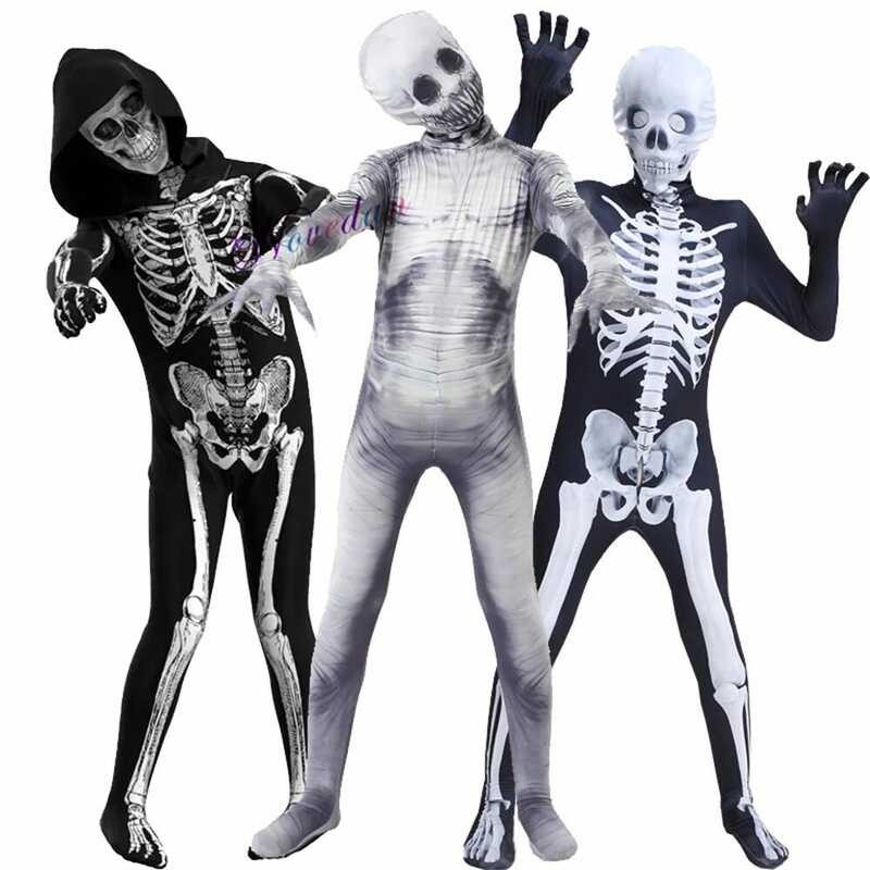 C Horror Scary Zombie Costume Kids Cosplay Skeleton Halloween Costume Skull Suit Jumpsuit Kids Adul