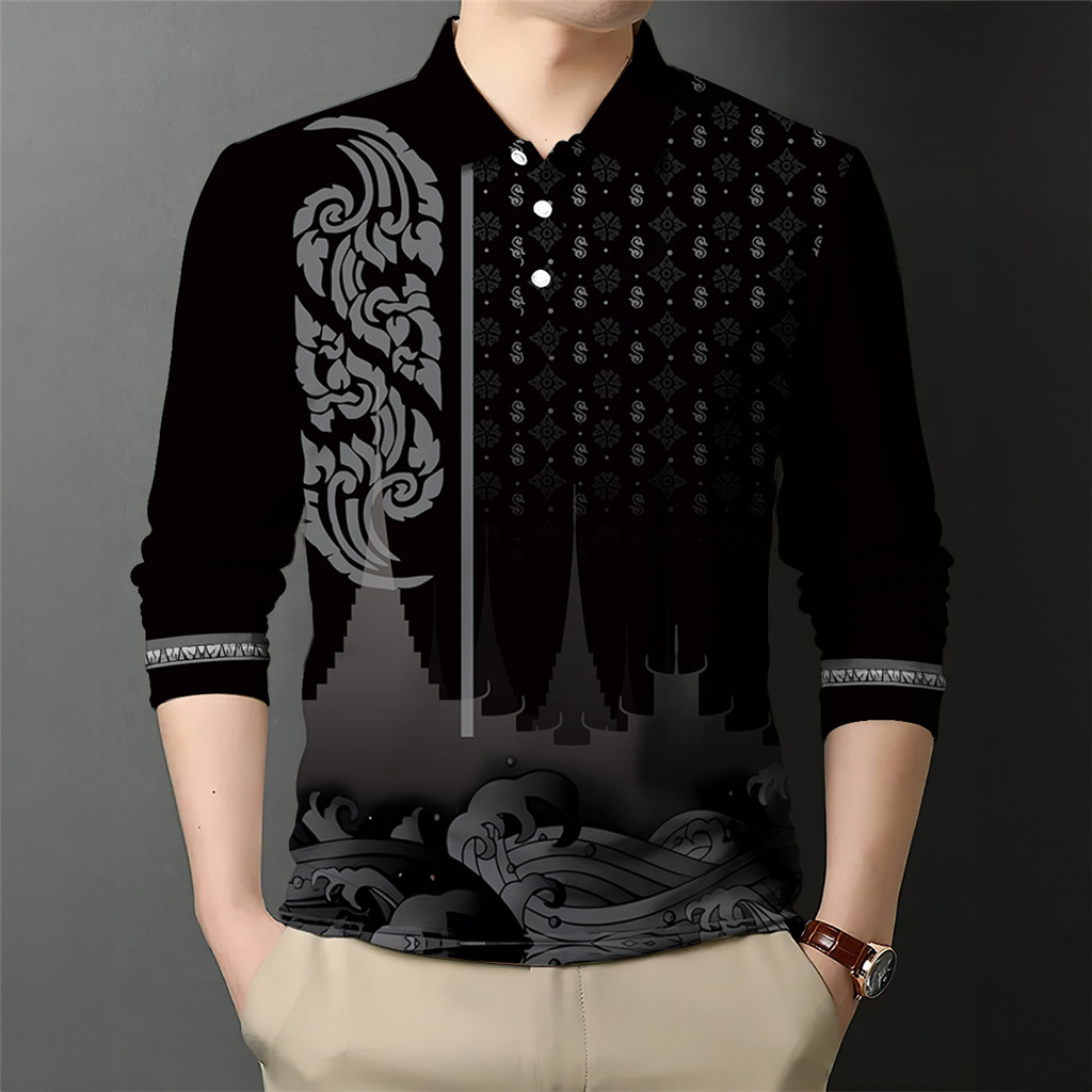 เสื้อโปโลแขนยาวผู้ชาย ขนาดโอเวอร์ไซส์ ลายชาติพันธุ์ เหมาะสำหรับกลางแจ้งและมีสไตล์ย้อนยุค