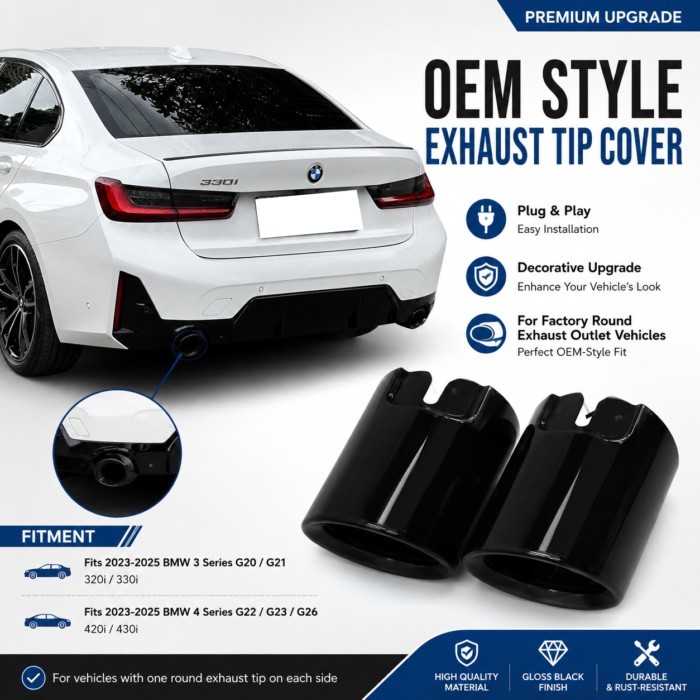 Gloss Black Exhaust Muffler Tip Cover For BMW G20 G21 G22 G26 2023-2025 LCI 320i 330i 420i 430i Sta