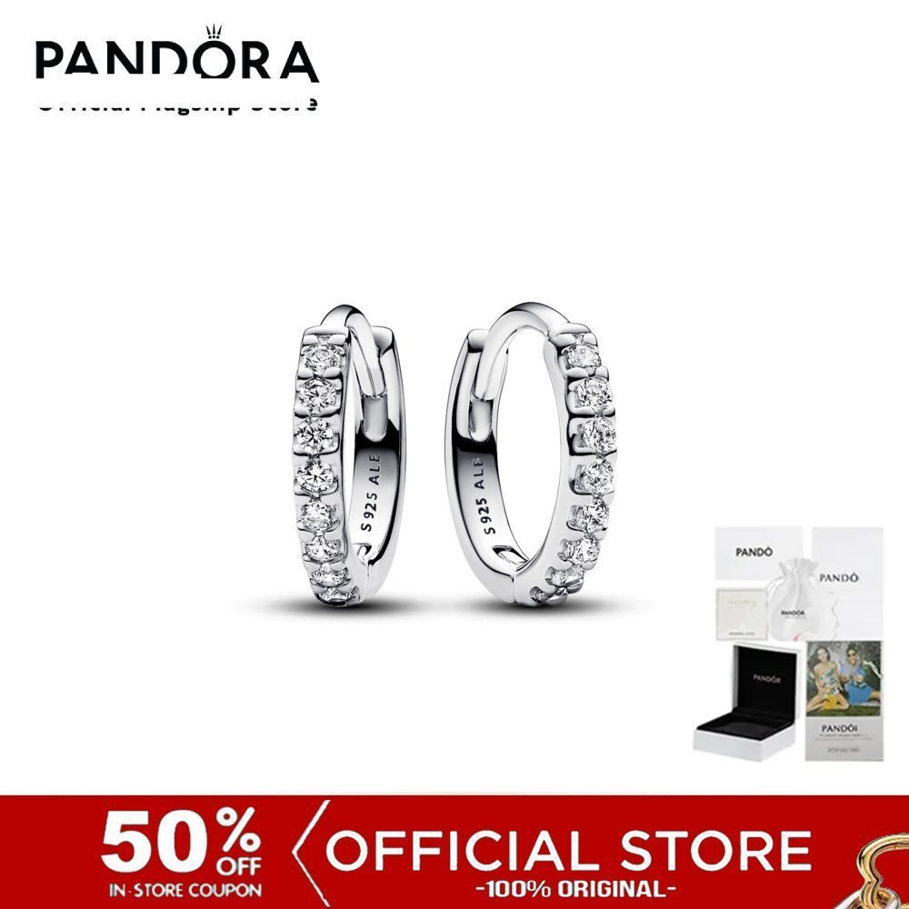 (ของแท้100%) Pandora Sterling silver hoop earrings with clear cubic zirconia เครื่องประดับ ต่างหูห่วงเงิน ต่างหูเงิน