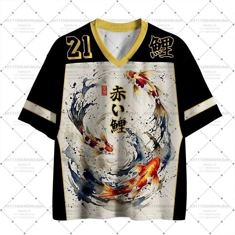 2026 ฤดูร้อน Hotsale Y2K 3D พิมพ์ Koi Fish Jersey, Breathable Zen Aesthetic Streetwear Top ผู้ใหญ่เด