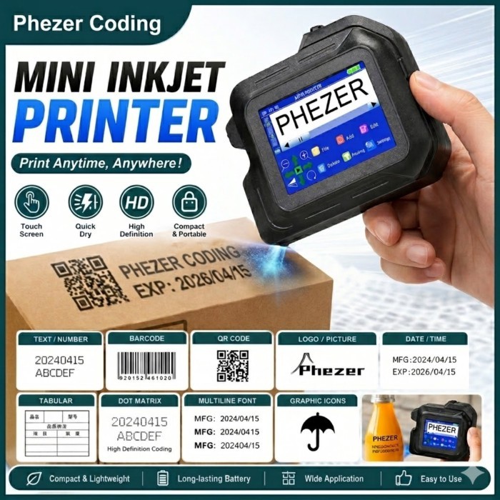For Hp Phezer 2026 PC98 Mini Printer 28 Languages Portable Printer Handheld Inkjet Printer QR Bar C