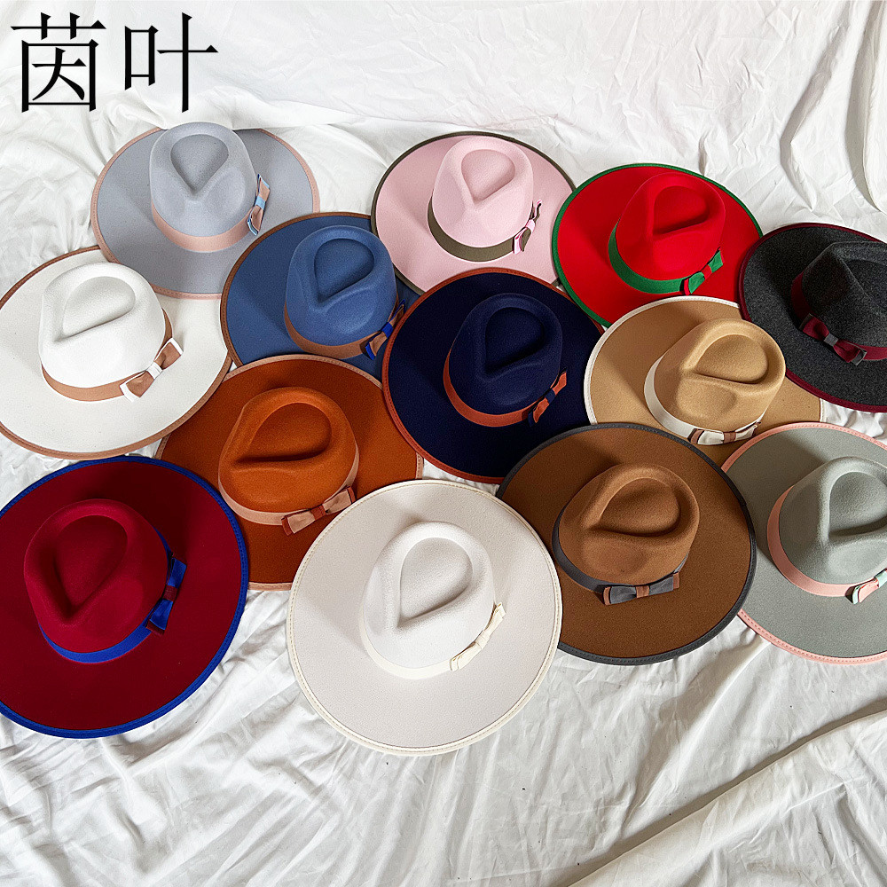 Edged Big Brim Top Hat High-End Felt Hat Big Water Drop Heart Top Two-Color Bow Top Hat