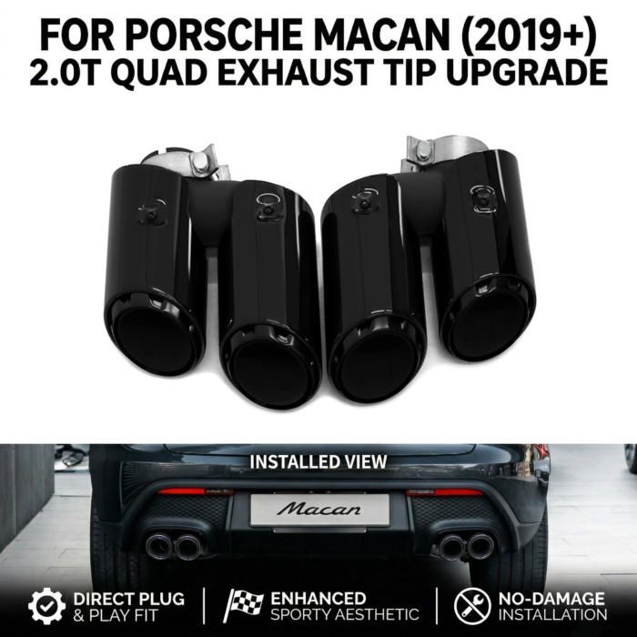 Dual To 3-Layer Quad Stainless Steel Exhaust Tips for 2019+ Porsche Macan 2.0T Base (Type 95B) Squa