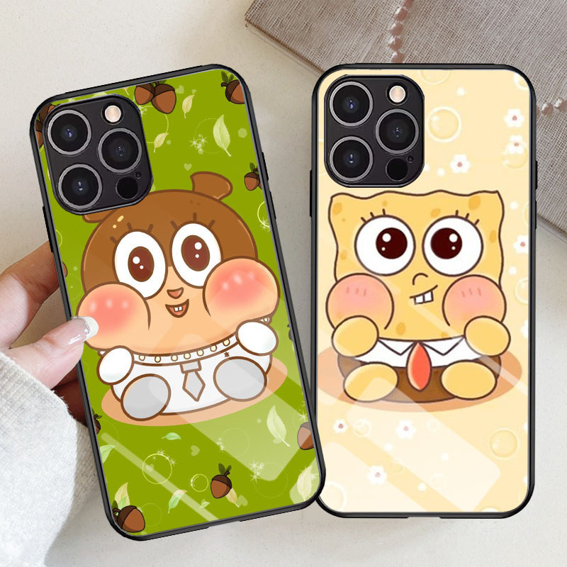 B-29 SpongeBob Casing สําหรับ iPhone XS XR 16 15 X Plus Pro Max เคสกระจกนิรภัย