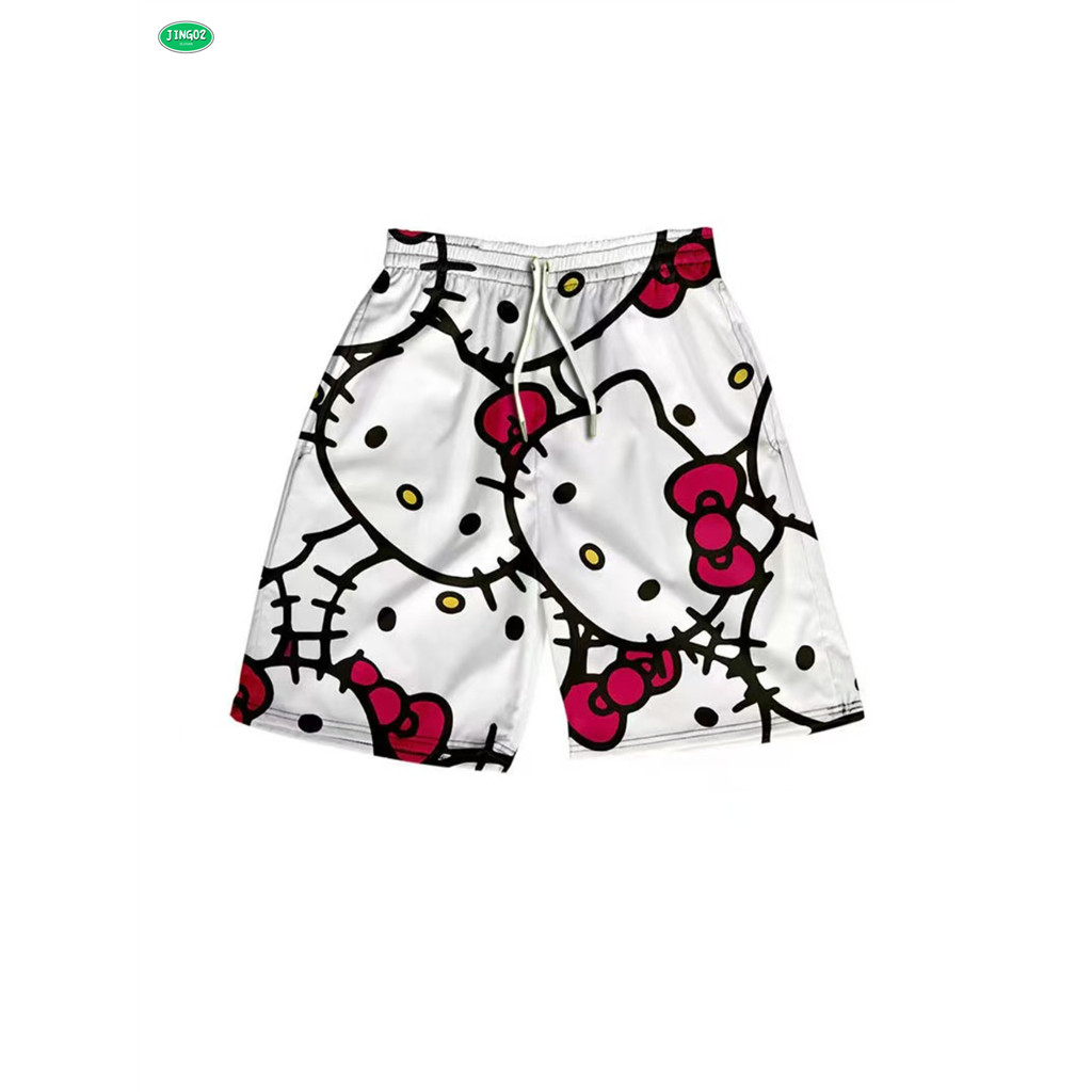 J02-Hello Kitty All-Over Print Mesh Fabric Drawstring Beach Shorts