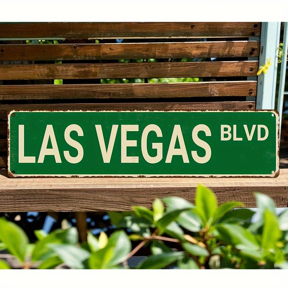 Vintage Las Vegas Blvd ป้ายโลหะ - 10 ซม. x 40 ซม., Rustic Green & White Wall Decor พร้อมรูเจาะล่วงหน