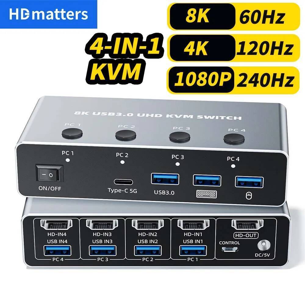 8K 60Hz HDMI 2.1 KVM Switch สําหรับคอมพิวเตอร์ 4 พอร์ต 8K HDMI 2.1 USB 3.0 KVM Switch 4K 120Hz KVM H