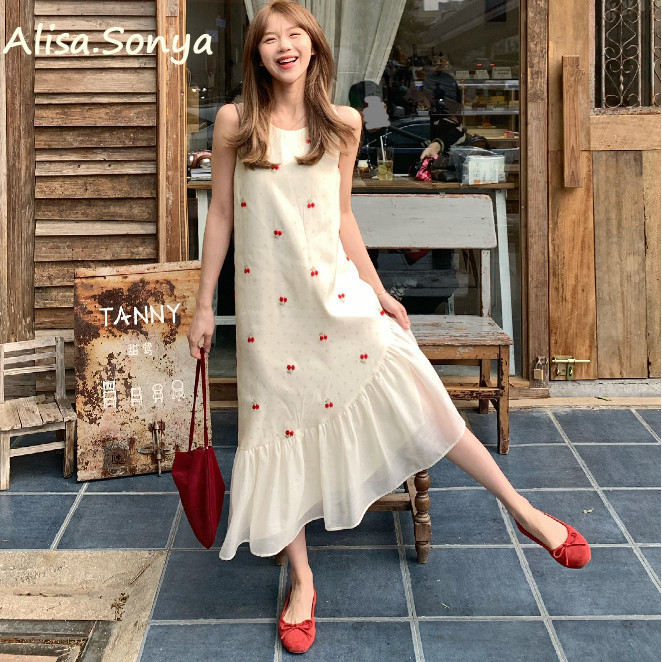 Alisa.Sonya เดรสแม็กซี่ ผู้หญิง สายเดี่ยว ผ้าตาข่าย ลายเชอร์รี่ สไตล์เกาหลี 24AS1273
