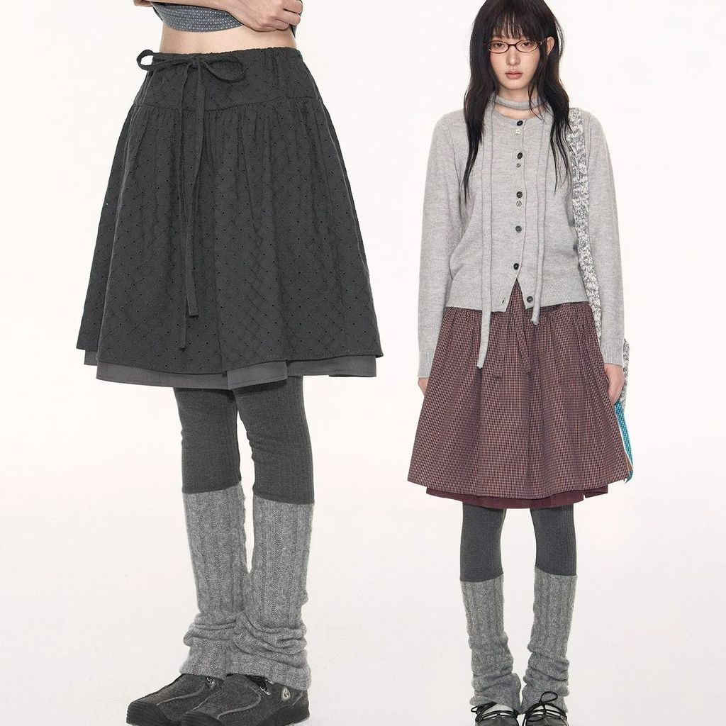Shanmieleng ฤดูใบไม้ร่วงสไตล์ใหม่ Retro ลายสก๊อต Pettiskirt ผู้หญิง Laced-Up Double Layer กว้างเอว a-Line หน้าอกร่มกระโปรงผู้หญิง