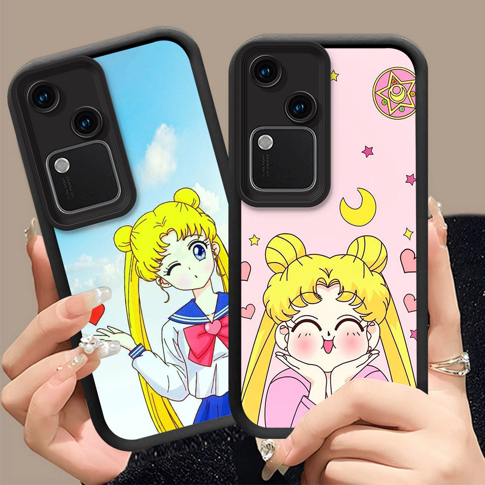 Q-4 Sailor Moon ขาวดำเคสโทรศัพท์หรับ VIVO V30 V20 V21 Y53S V30E Y33 Pro 5G ปกสีชมพู