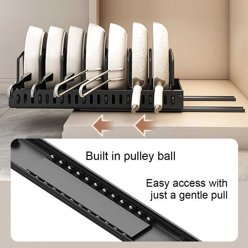 ifunctional Pull-Out Sliding Kitchen St Rack Drawer Organizer Pan Lids Spices Bowls Plates Cookware