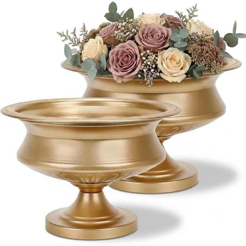 O 2 Centerpieces, 8" H. X 11.8" Dia. Classic Metal Trumpet Small Lower Pot Table, Bowl Vase Or Wed