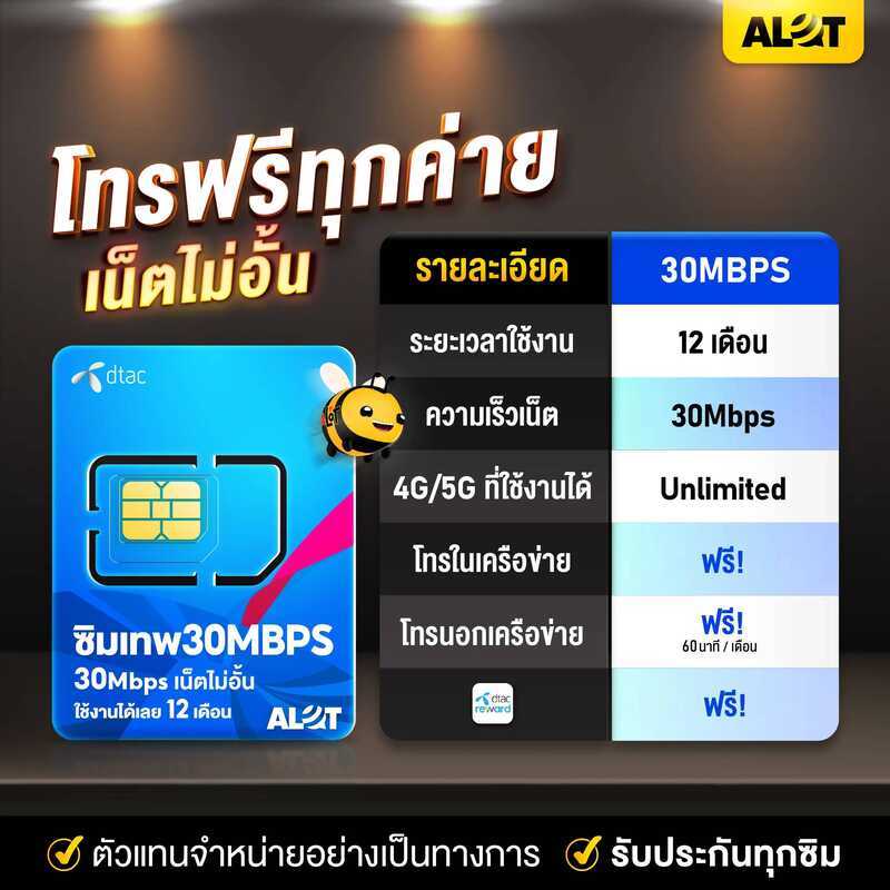 ซิมเทพ30mbps ซิมรายปี DTAC ซิมเทพดีแทค 5G Sim เทพ เน็ตไม่อั้น ไม่ลดสปีด Net Unlimit โทร Dtac ส่งฟรี 