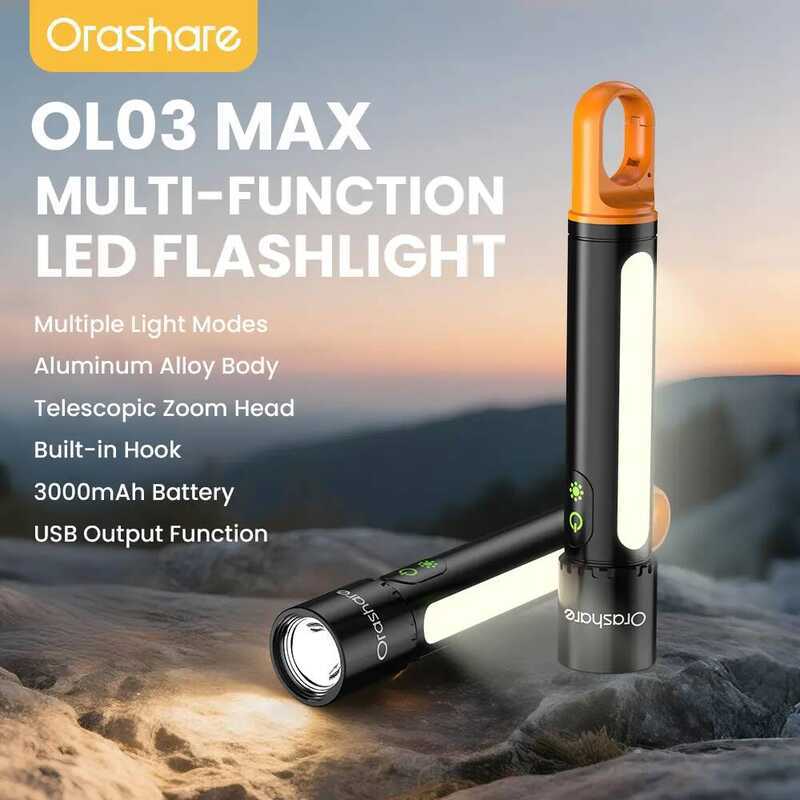 69B Orashare Ol03max ไฟฉาย LED กันน้ำอเนกประสงค์ 3000Mah สำหรับกลางแจ้งไฟฉุกเฉินพร้อมตะขอ 750 ลูเมน