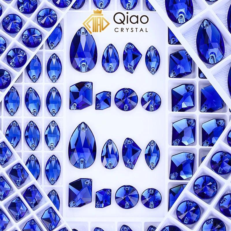 QIAO คุณภาพสูงกระจกแซฟไฟร์คริสตัลสีฟ้า Flatback Rhinestones เย็บหินสําหรับเสื้อผ้ากระเป๋า - เย็บสีน้ําเงิน