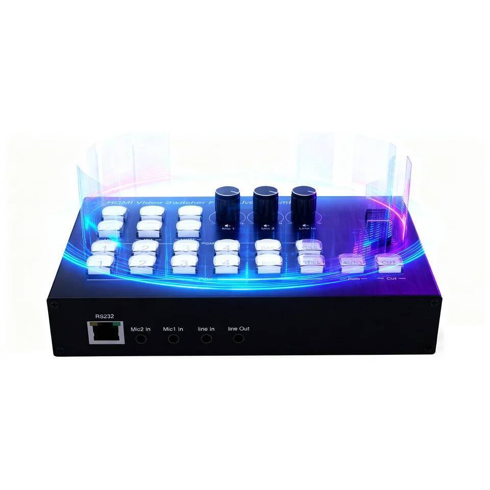 อัพเกรด 4 ช่อง HDMI Video Mixer Switcher Guide Broadcasting Station สําหรับ Multi Camera Live Stream