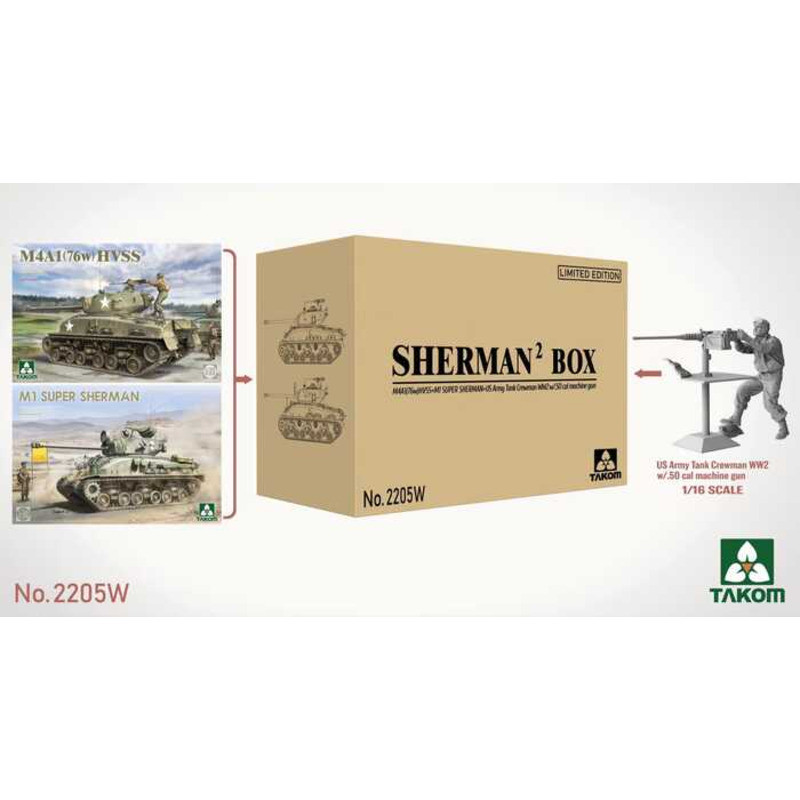 Takom 2205W Sherman² Box M4A1(76w)HVSS + M1 Super Sherman + US Army Tank Crewman 1/35 Static model