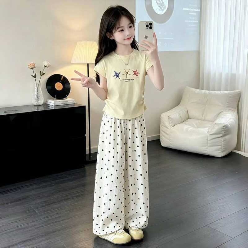 New Fashion Casual 2Pcs O-Neck Tees+Polka Dot Wide Pants Outfits 7-14 Years Kids Loungewear Clothes