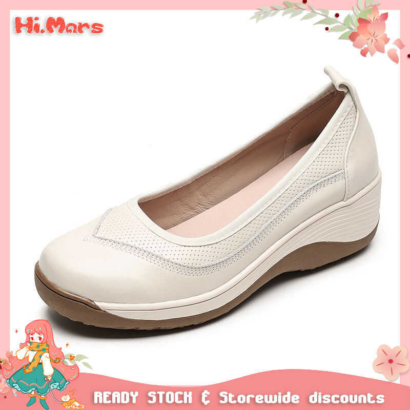 & Hi. Mars Casual Leather Thick Sole Loafers Platform Wedge Shoes with Round Toes