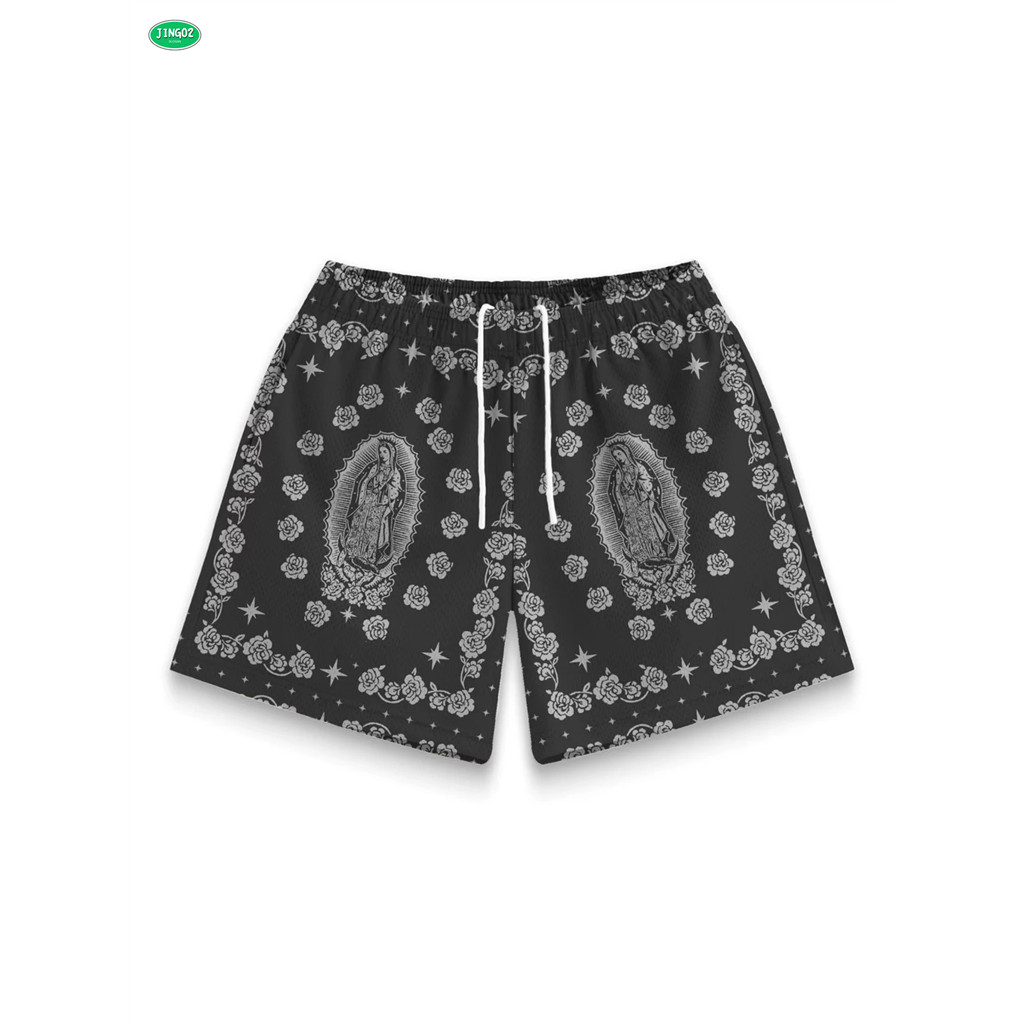J02-Virgin Mary Rose ผ้าตาข่าย Drawstring กางเกงขาสั้นลําลอง