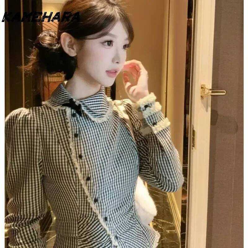 ▥ KAMEHARA Shibuya Street Retro หวานเชื้อราขอบไม่สม่ําเสมอแขนยาว Checkered เสื้อด้านบนเอวสูงดูก