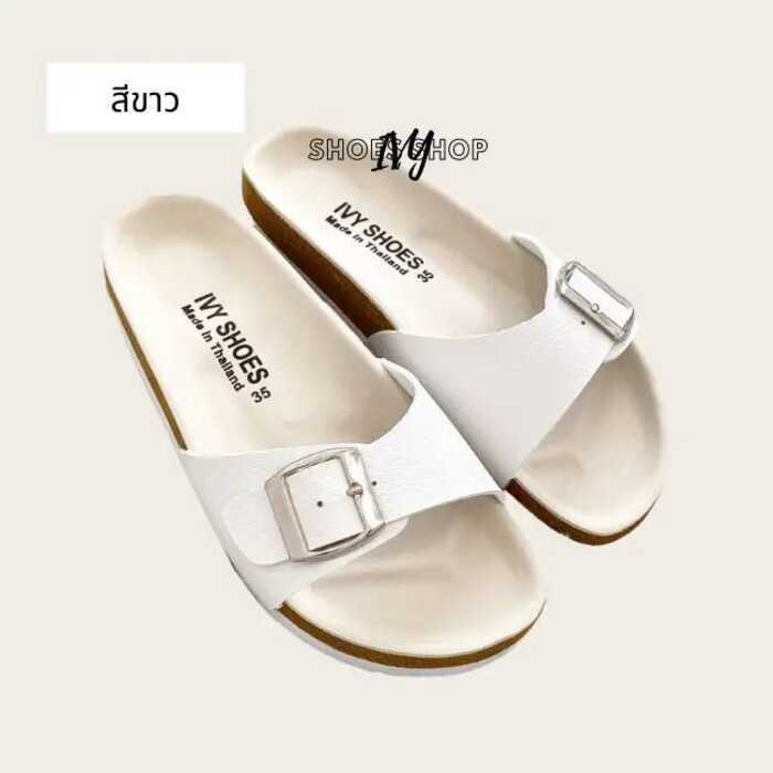 รองเท้าแตะ IVY SHOES รองเท้าไบเก้น พื้นนุ่ม สวมเข็มขัด 1 ตอน มี5สี (รุ่น Ivy01-02) พื้นครีม/พื้มเทา