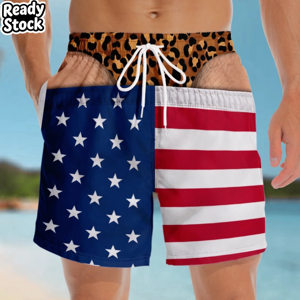 ตลกผู้ชายกางเกง 3D กางเกงชายหาดสีแดงสีขาวสีฟ้าดาวลาย Beachwears Party Supplies กางเกงขาสั้น