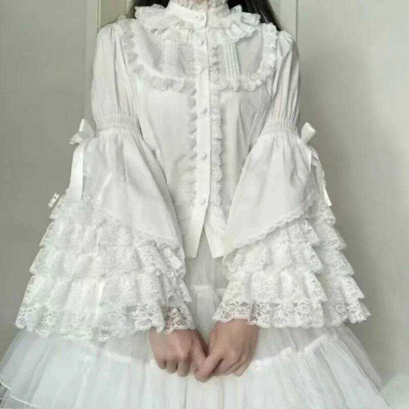 ▥ ญี่ปุ่นหวานน่ารักlolita Flareแขนเสื้อผู้หญิงy2kความงามลูกไม้patchworkเสื้อสาวน่ารักหลวมblusas