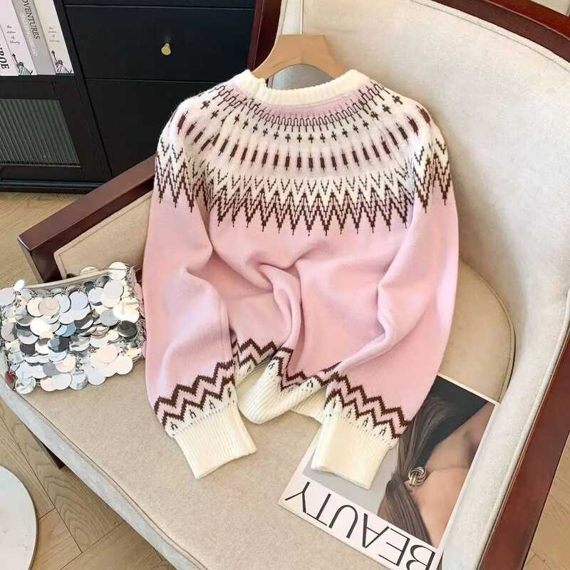 ▥ ผู้หญิงสีชมพูถักเสื้อกันหนาวharukuเกาหลีแขนยาวo-คอรูปแบบเสื้อกันหนาว 90S Vintage Y2k 2000Sเสื