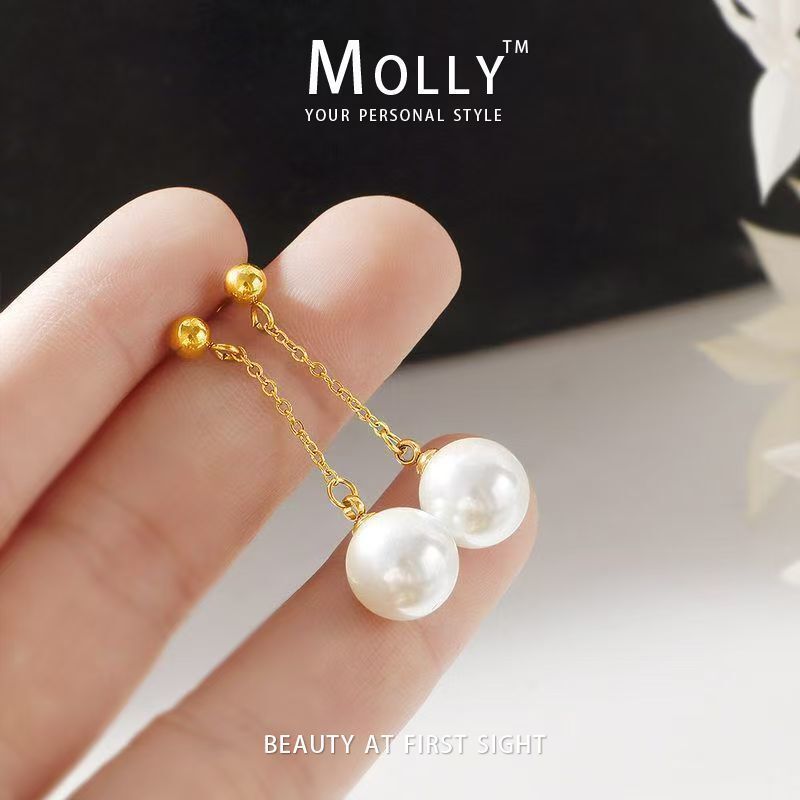 ต่างหูสแตนเลสมินิมอล Pearl Drop สำหรับผู้หญิง ทนทานต่อสภาพอากาศ เคลือบทอง 18K ไม่อันตรายต่อผิวและคงสภาพนาน