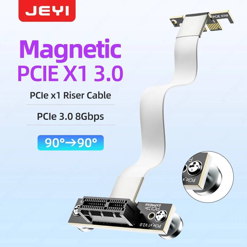 JEYI PCIe 4.0/3.0 X1 Magnetic Fixatiom Riser Cable 16Gbps/8Gbps - 90° มุมคู่สําหรับการ์ด PCIe WiFi, อะแดปเตอร์ M.2, การ์ด PCIe USB