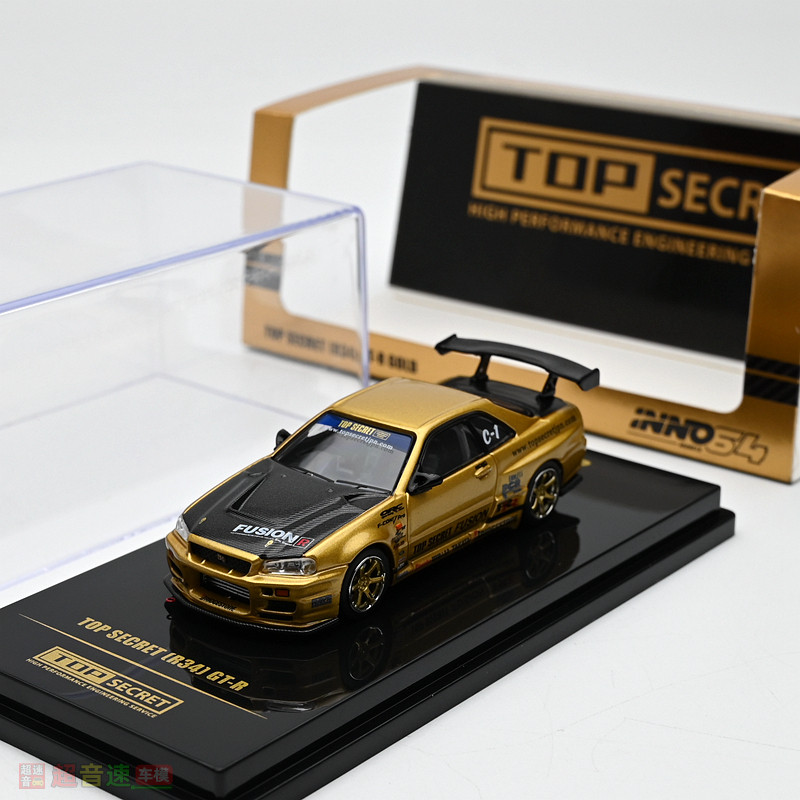 INNO 1: 64 TOP SECRET R34 GTR โมเดลรถโลหะผสม Golden ผลิตภัณฑ์สําเร็จรูปคอลเลกชันเครื่องประดับ