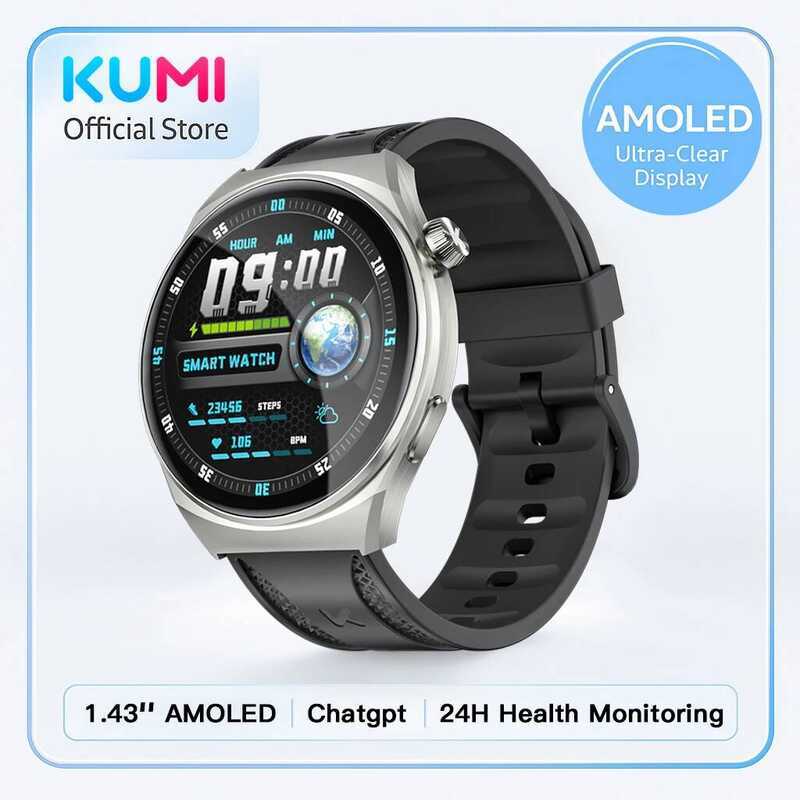 KUMI GW6 1.43 "AMOLED หน้าจอบลูทูธโทรกันน้ํา IP68 100 + กีฬา Heart Rate ความดันโลหิตออกซิเจน Monitor