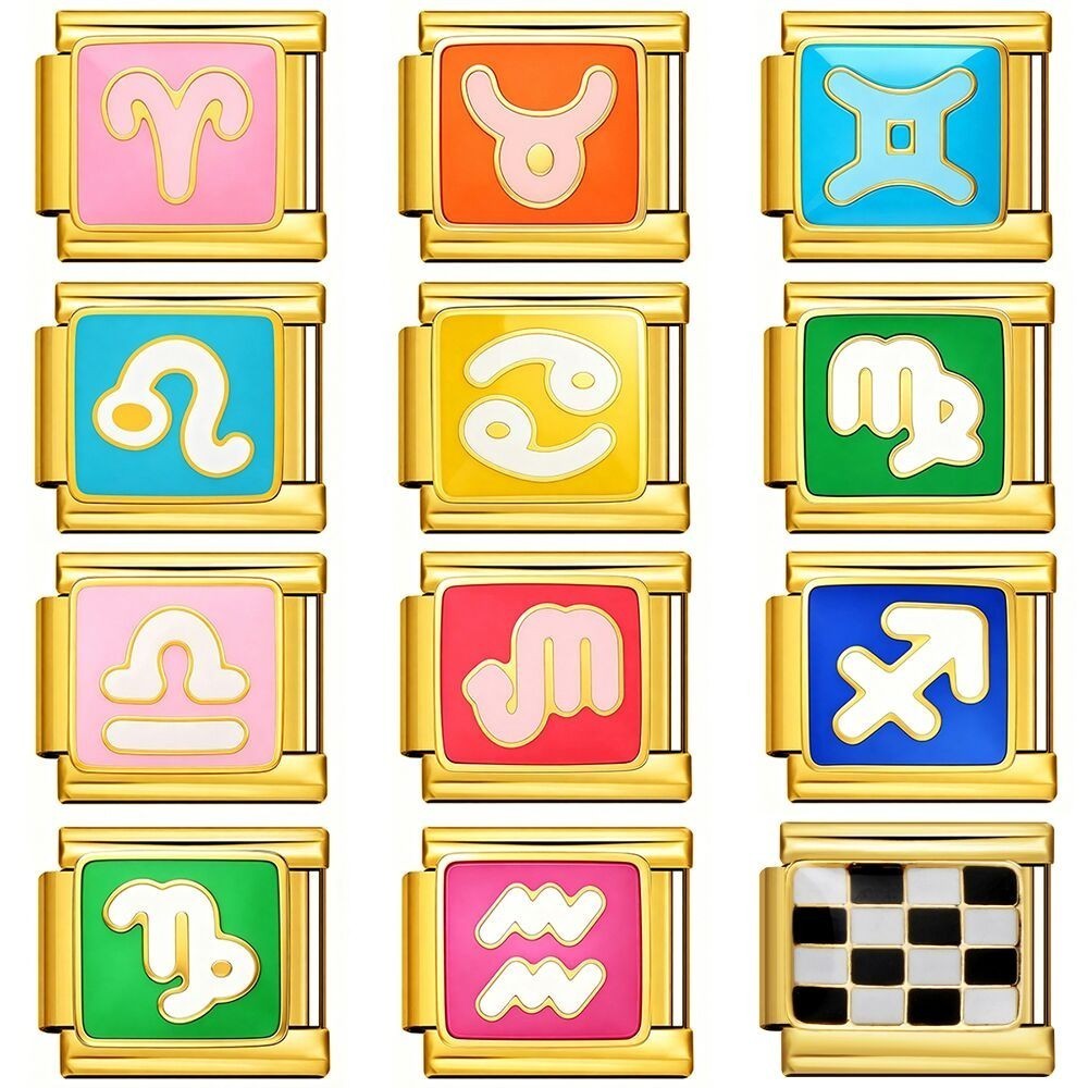 12 Constellation อิตาเลี่ยน Charms สีสัน Zodiac Sign Links Fit 9 มม.สร้อยข้อมือสแตนเลส DIY ทําแฟชั่น