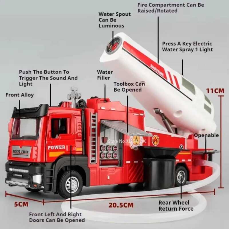 Truck Fire Trucks Model Car Toy Pull Back Music Light Metal Diecast Doors Opened Vehicles Toys For