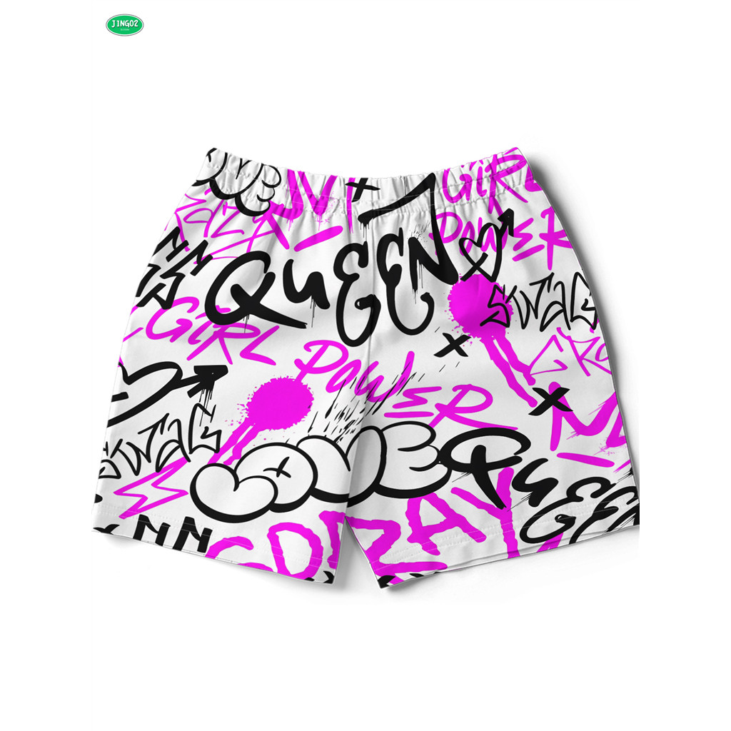 J02-Graffiti Queen Mesh Fabric Drawstring กางเกงขาสั้นลําลอง