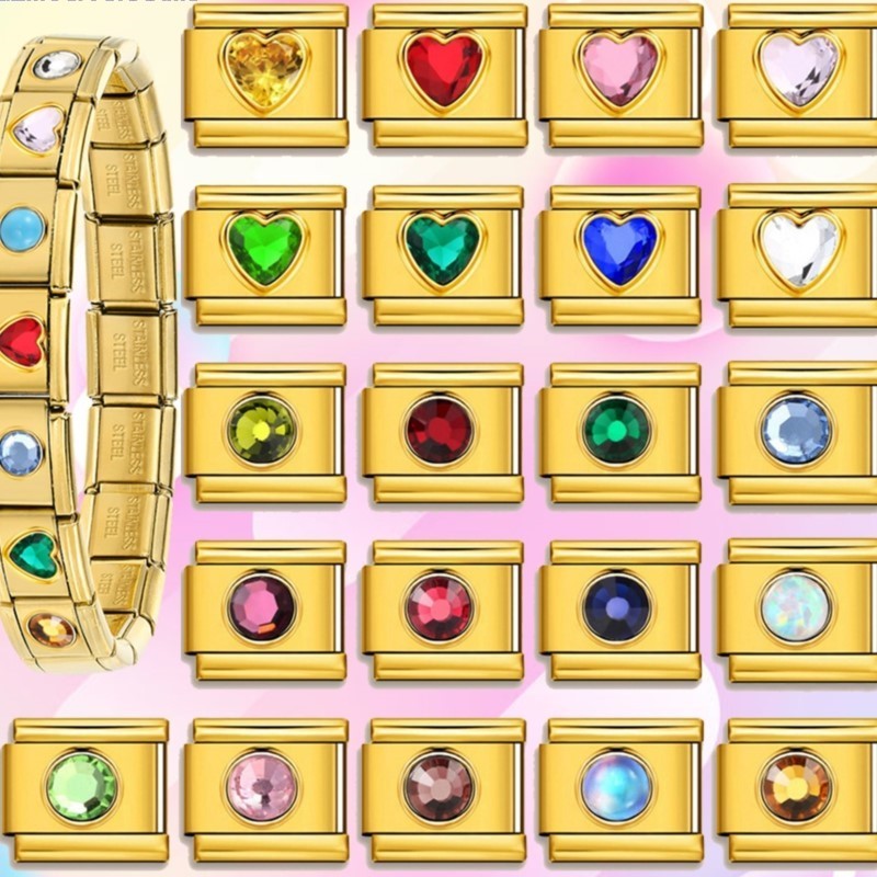 สร้อยข้อมือสแตนเลส Creative Gold สีรอบหัวใจ Birthstone Zircon อิตาเลียน charm link เพื่อทำ DIY เครื่องประดับ