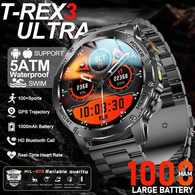 ใหม่ T-Rex 3 Ultra Grade 1000mAh แบตเตอรี่นาฬิกา 5ATM กันน้ํา HD AMOLED ไฟฉายกีฬาสมาร์ทนาฬิกาสําหรับ
