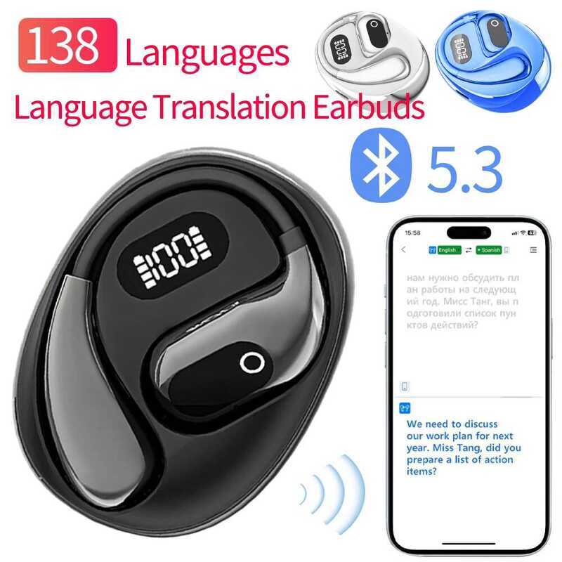 Langge หูฟัง 138 Langges BT 5.3 Smart Vo Translator เปิด Air Traductor ชุดหูฟังแบบแขวนหูสองทางแบบเรี