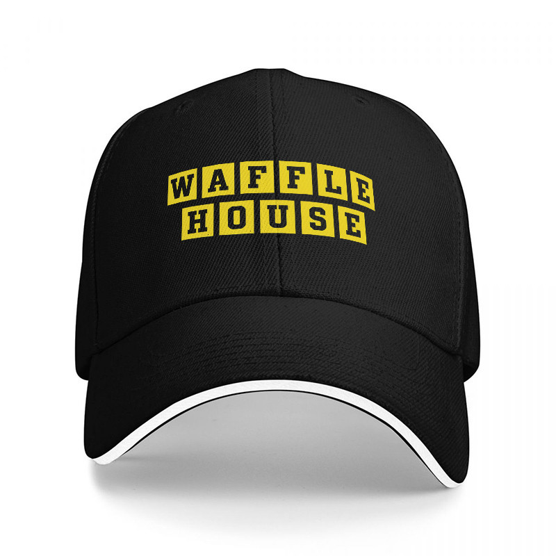 WAFFLE HOUSE LOGO หมวกฐานสีดําพร้อมการออกแบบ TEXT สีเหลือง CLASSIC FIT หมวกปรับได้สําหรับสวมใส่ทุกวั