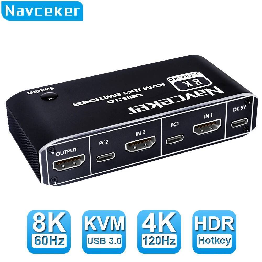 ใหม่ Navceker 2x1 USB 3.0 KVM Switch HDMI 2 PC 8K KVM Switches hubs docks สําหรับคอมพิวเตอร์ 2 เครื่