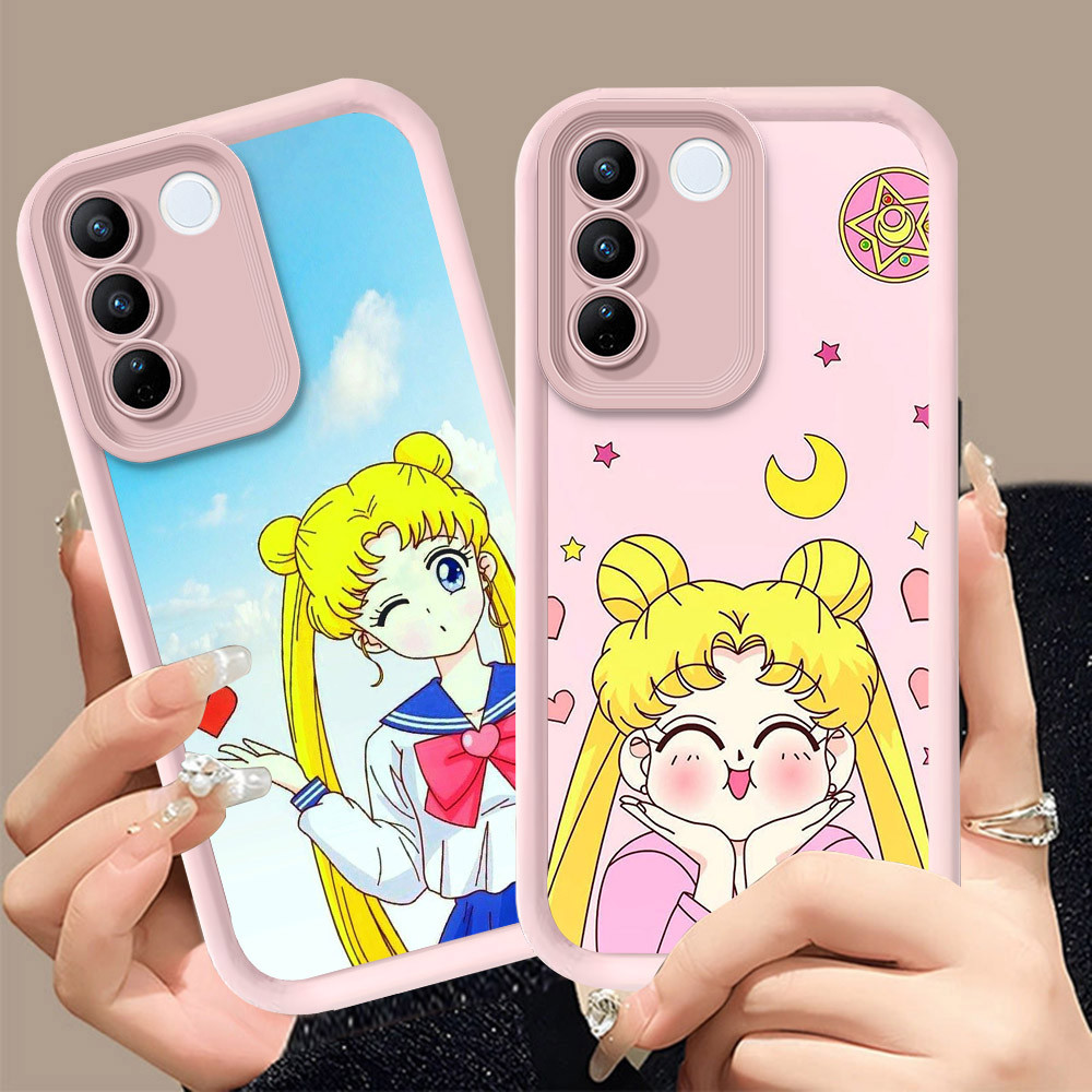 Q-4 Sailor Moon ขาวดำเคสโทรศัพท์หรับ VIVO V29E V29 V27 Pro ปกสีชมพู